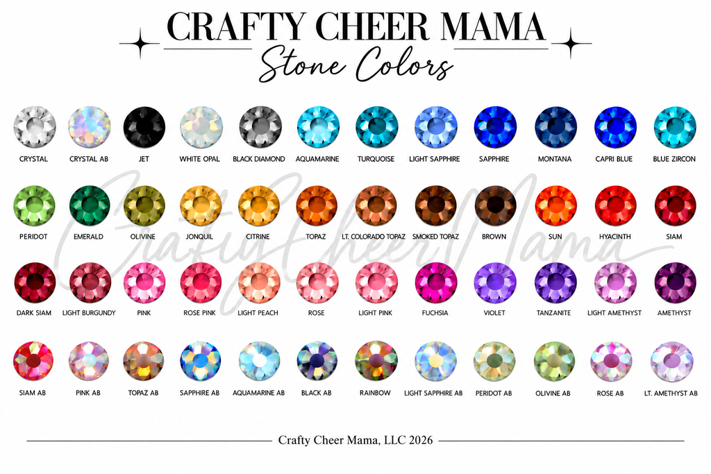 Crafty Cheer Mama stone color chart showing all available rhinestone colors